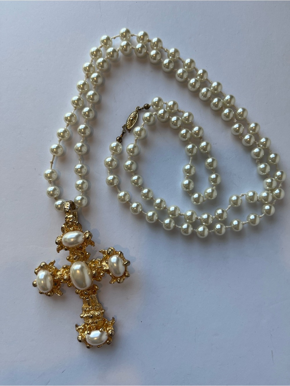 Vintage Chunky Gold Tone Pearls Cross Necklace 80’s Statement Long Necklace